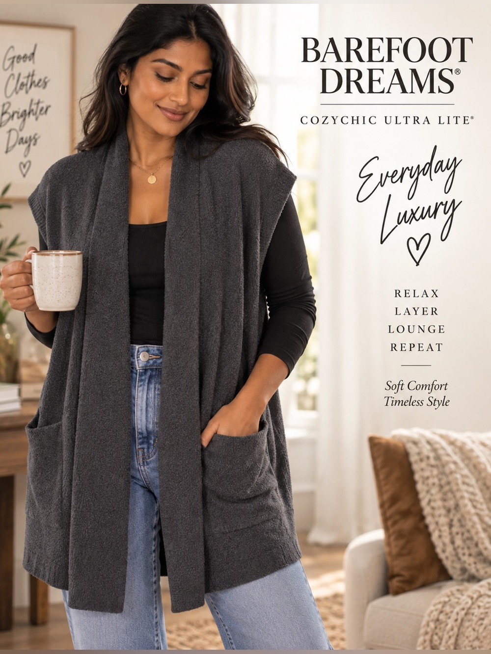 Barefoot Dreams CozyChic Ultra Lite Waist Tie Cardigan Vest Carbon S NWT